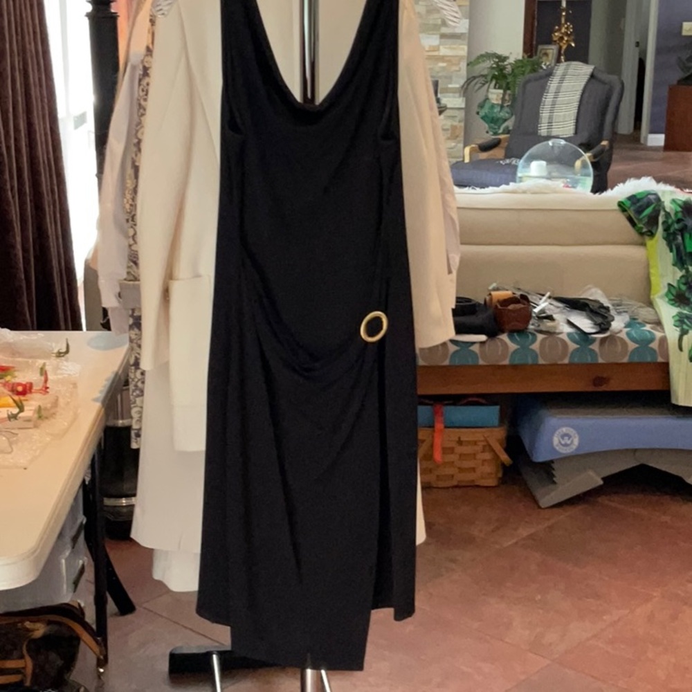Elegant Black Asymmetrical Dress with Gold Accent